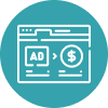 Organic versus paid marketing icon showing a web browser window with an ad and dollar symbol, representing the balance between paid ads and organic reach.